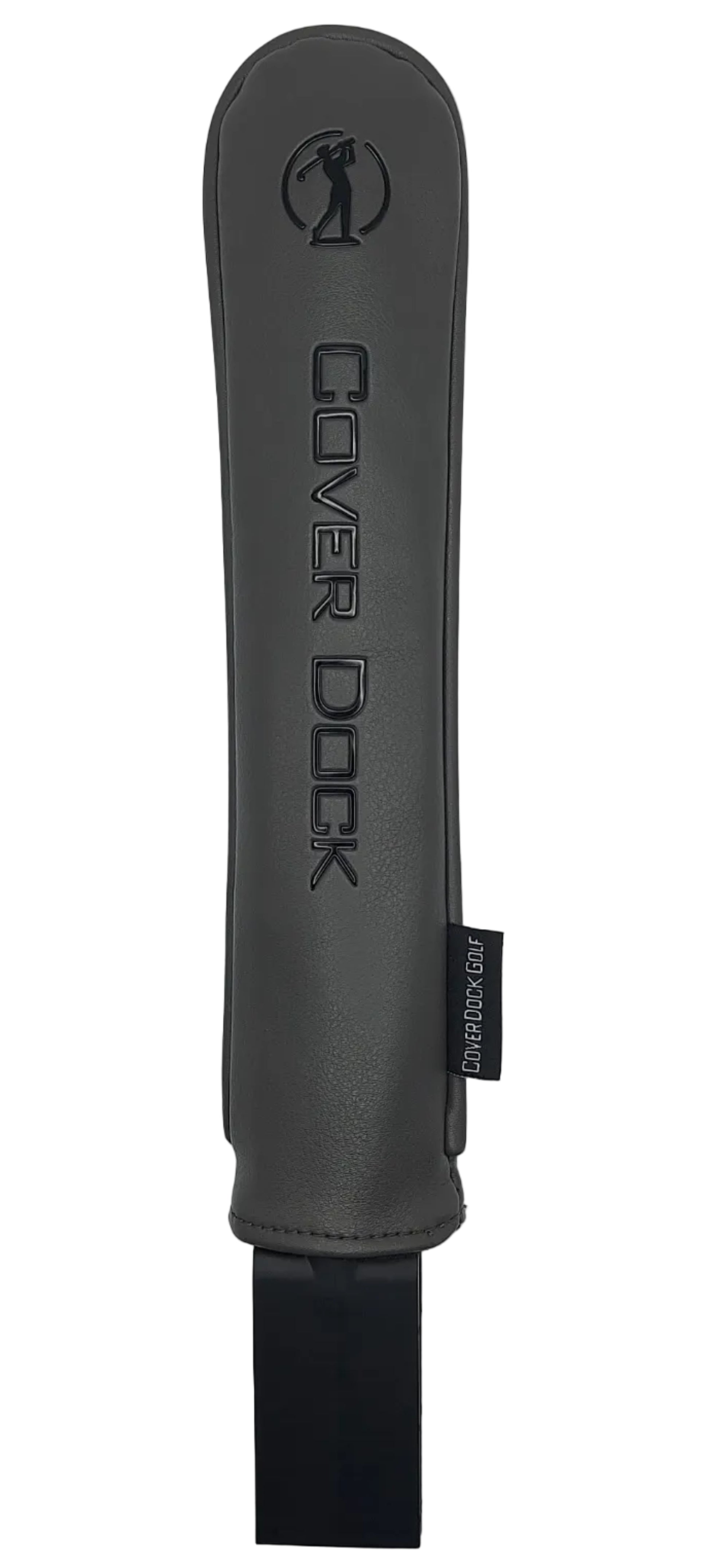 A dark gray leather cover for golf club cover featuring the words 'COVER DOCK' and a golfer silhouette decal, shown on a plain white background.