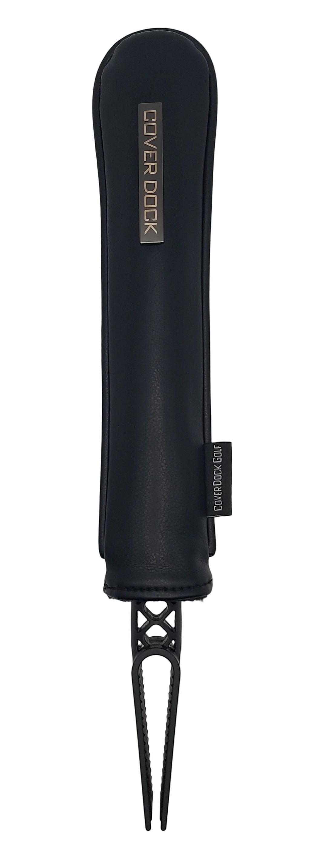 black vegan leather sleeve with a black "COVER DOCK" metal badge. designed to clip/clamp into any golf bag inner grid and secure golf club head cover 