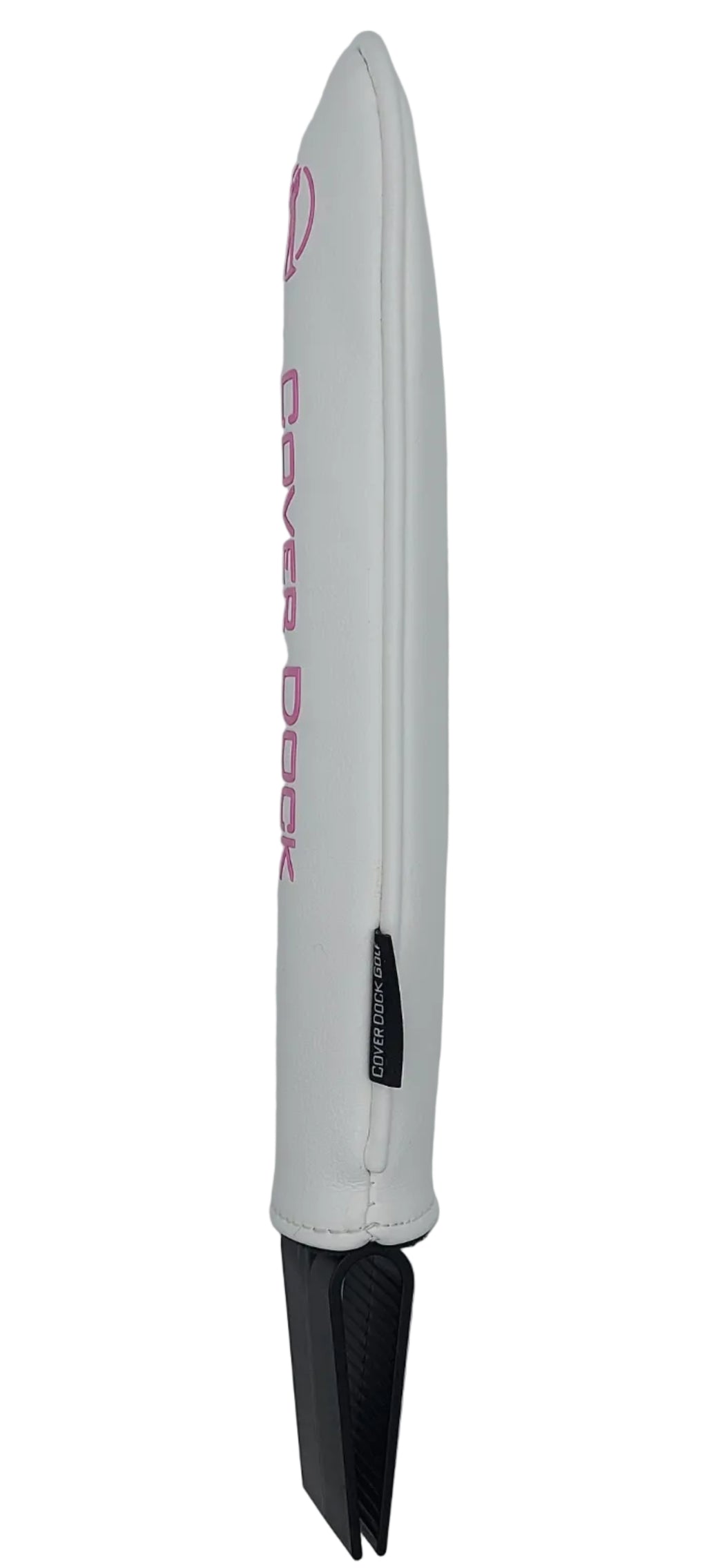 A white and pink Clover Dock padded cover for a golf bag accessory, featuring white vertical text that reads 'COVER DOCK' and a small circular logo near the top, shown against a light gray background. intended to insert in golf bag to hold and organize golf head covers