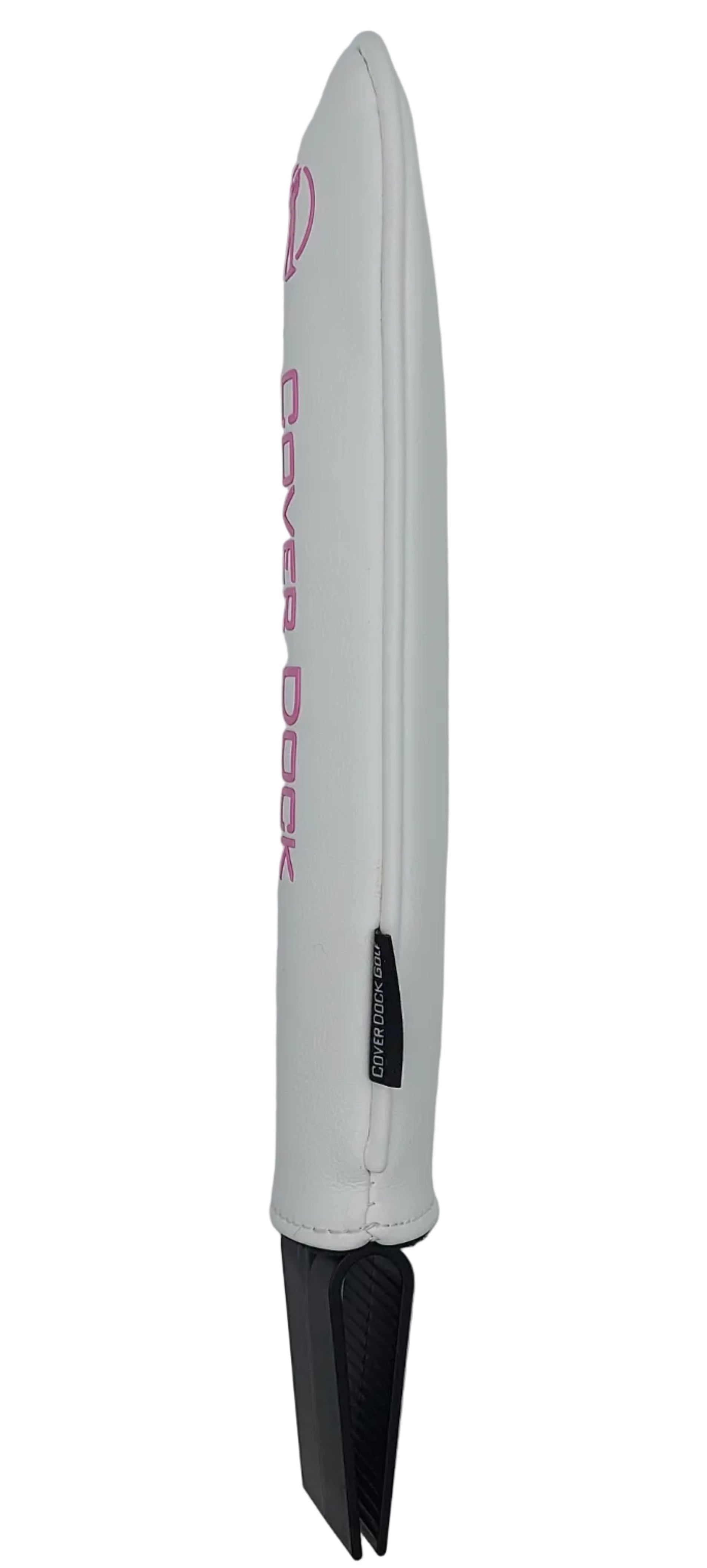 A white and pink Clover Dock padded cover for a golf bag accessory, featuring white vertical text that reads 'COVER DOCK' and a small circular logo near the top, shown against a light gray background. intended to insert in golf bag to hold and organize golf head covers