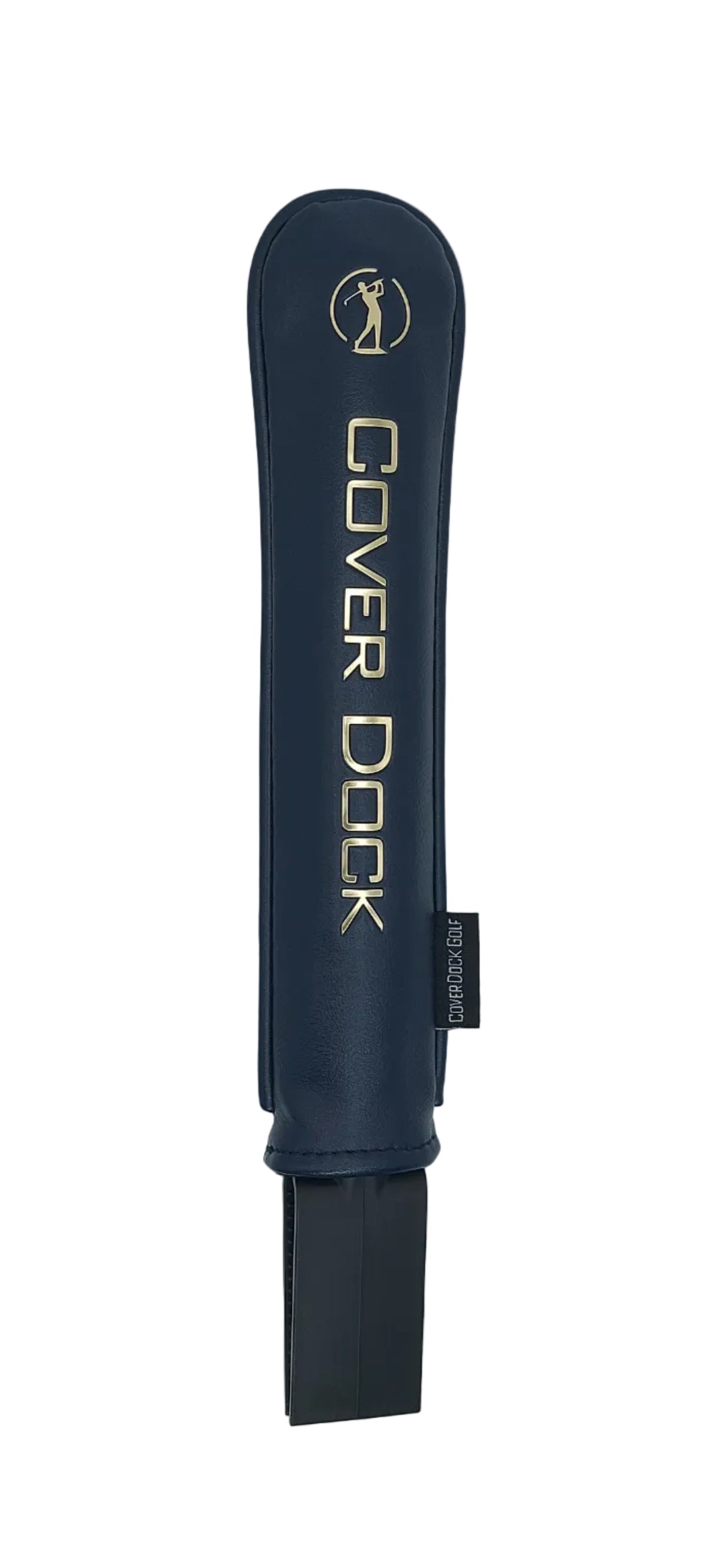 A navy blue golf club headcover sleeve with gold lettering that reads 'COVER DOCK' and a gold logo, shown against a light gray background.