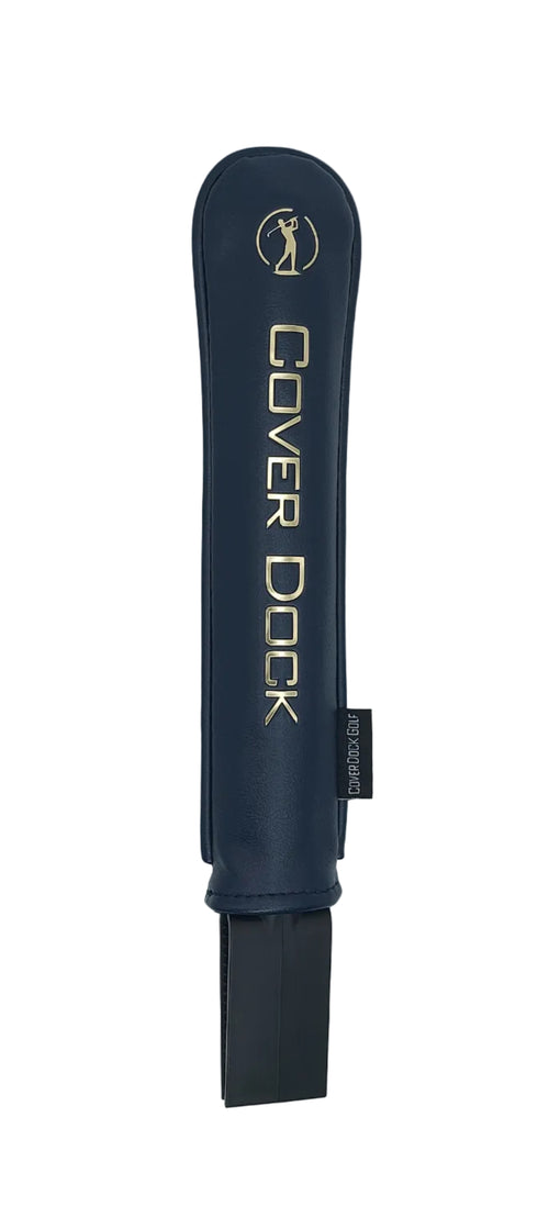 A navy blue golf club headcover sleeve with gold lettering that reads 'COVER DOCK' and a gold logo, shown against a light gray background.