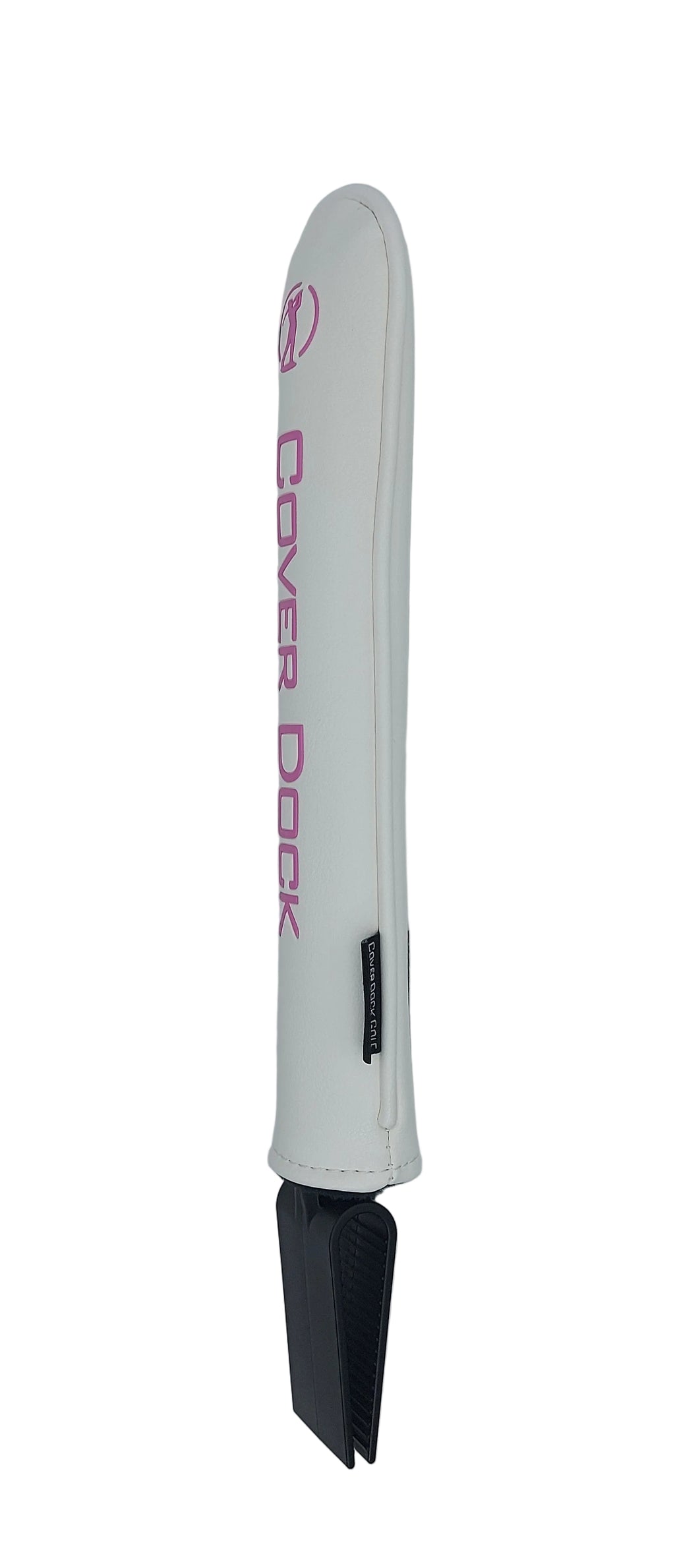 A white golf club cover with pink 'Cover Dock' branding, shown holding a black golf club on a light gray background. 'COVER DOCK' text and logo, fitted over a black golf clamping jaw that sits inside the grid of your golf bag to hold your head covers on a light gray background.
