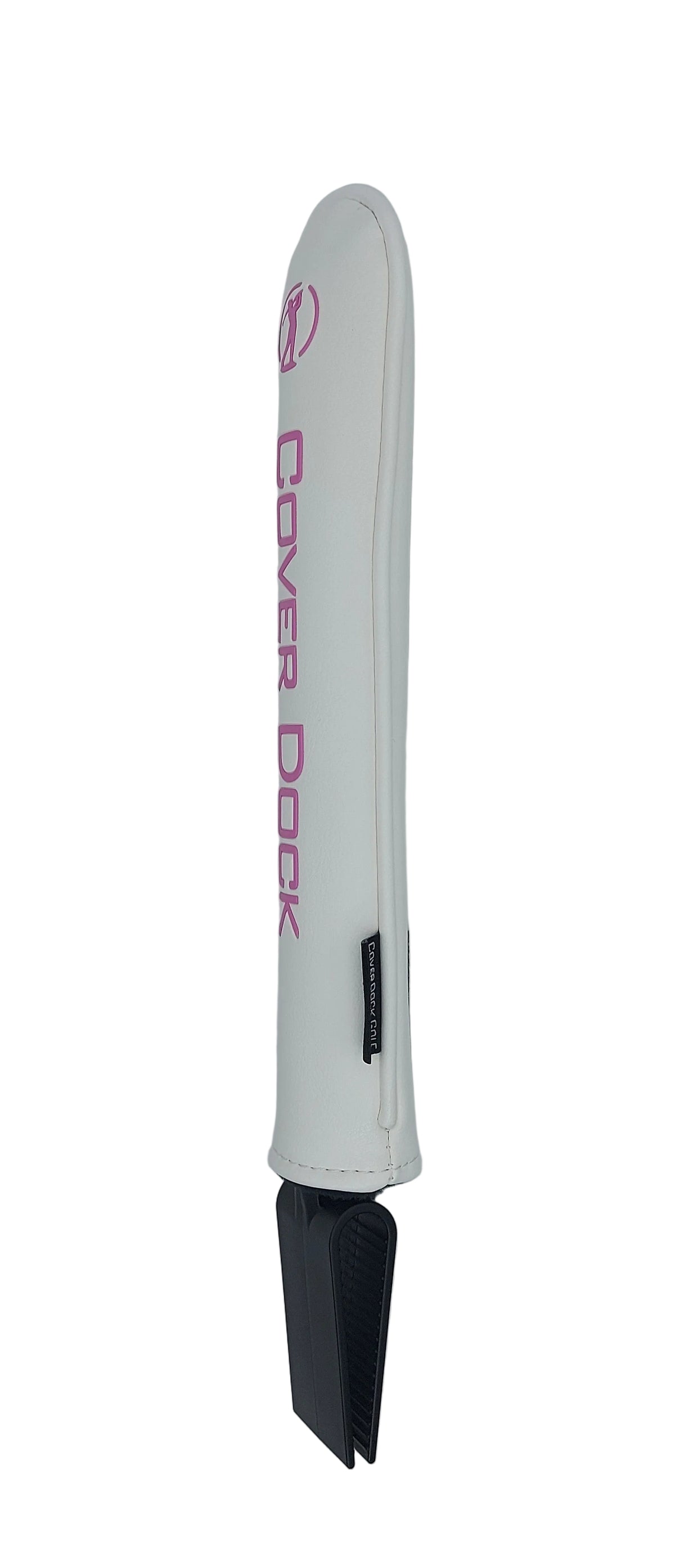 A white golf club cover with pink 'Cover Dock' branding, shown holding a black golf club on a light gray background. 'COVER DOCK' text and logo, fitted over a black golf clamping jaw that sits inside the grid of your golf bag to hold your head covers on a light gray background.