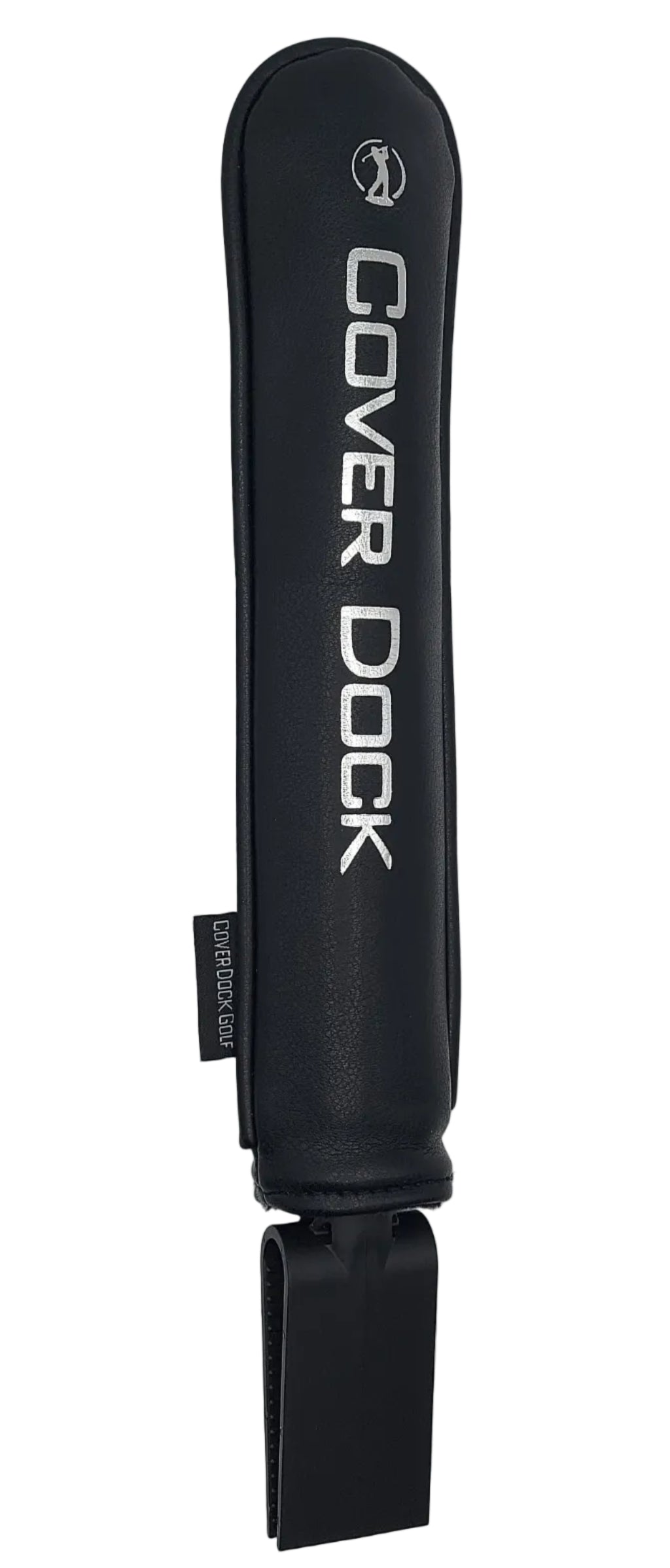 A black padded cover for a golf bag accessory, featuring white vertical text that reads 'COVER DOCK' and a small circular logo near the top, shown against a light gray background. intended to insert in golf bag to hold and organize golf head covers