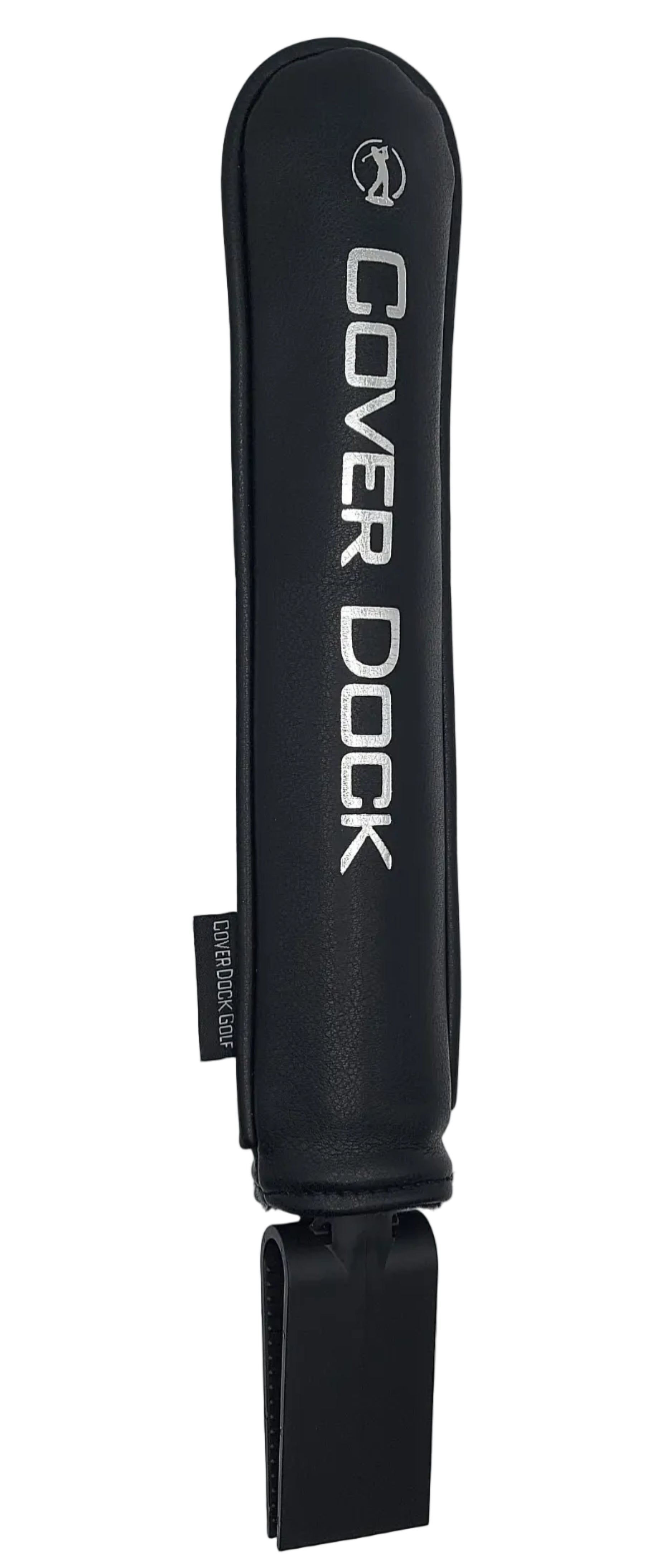 A black padded cover for a golf bag accessory, featuring white vertical text that reads 'COVER DOCK' and a small circular logo near the top, shown against a light gray background. intended to insert in golf bag to hold and organize golf head covers