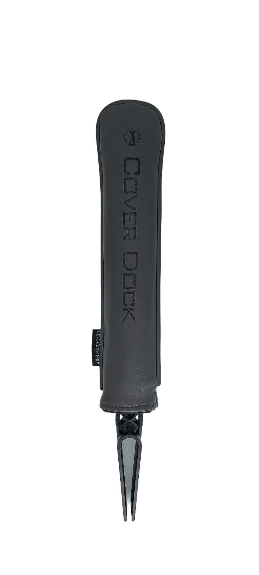 A dark gray Cover Dock golf tees holder with the brand name printed vertically, shown on a light gray background.