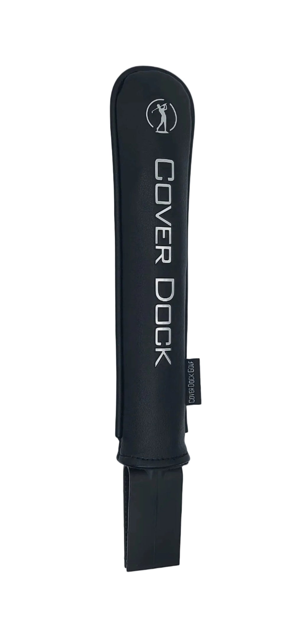 A black Cover Dock golf club headcover sleeve with white branding and a small black hangtag, shown vertically on a light gray background. 'COVER DOCK' text and logo, fitted over a black golf clamping jaw that sits inside the grid of your golf bag to hold your head covers on a light gray background.