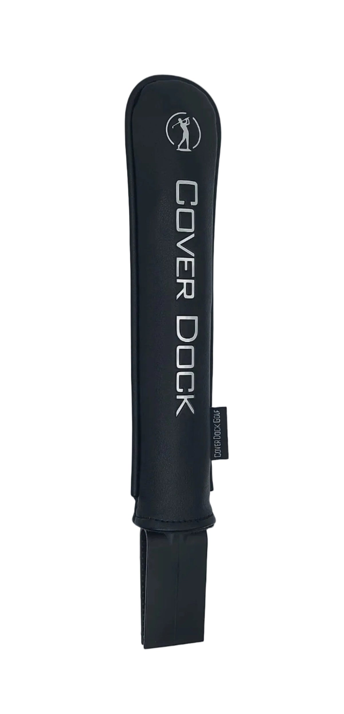 A black Cover Dock golf club headcover sleeve with white branding and a small black hangtag, shown vertically on a light gray background. 'COVER DOCK' text and logo, fitted over a black golf clamping jaw that sits inside the grid of your golf bag to hold your head covers on a light gray background.