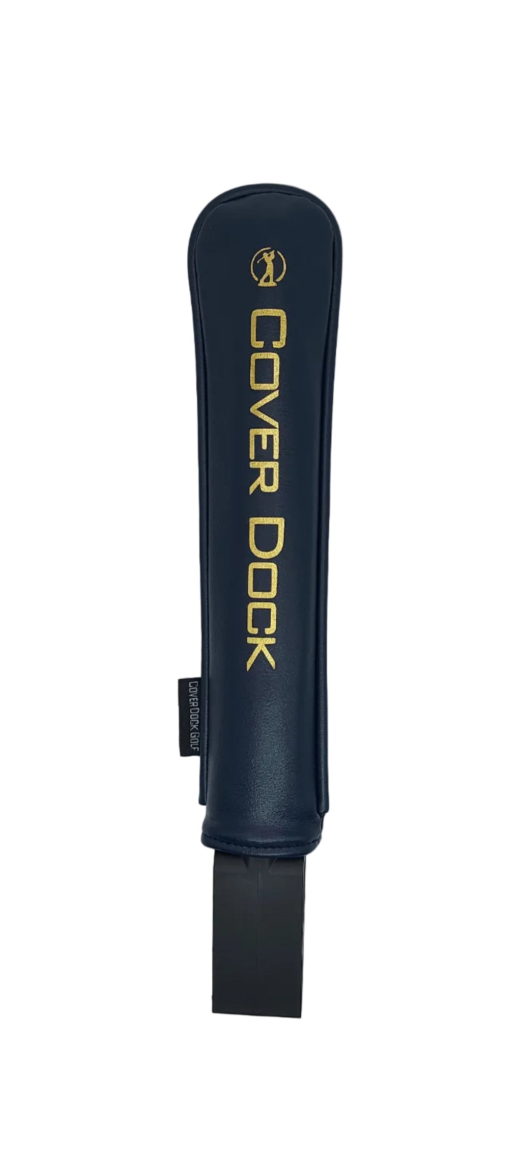 A navy blue golf club cover with gold lettering that reads 'COVER DOCK' and a small logo, shown standing upright on a light gray background.