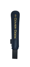 A navy blue golf club cover with gold lettering that reads 'COVER DOCK' and a small logo, shown standing upright on a light gray background.