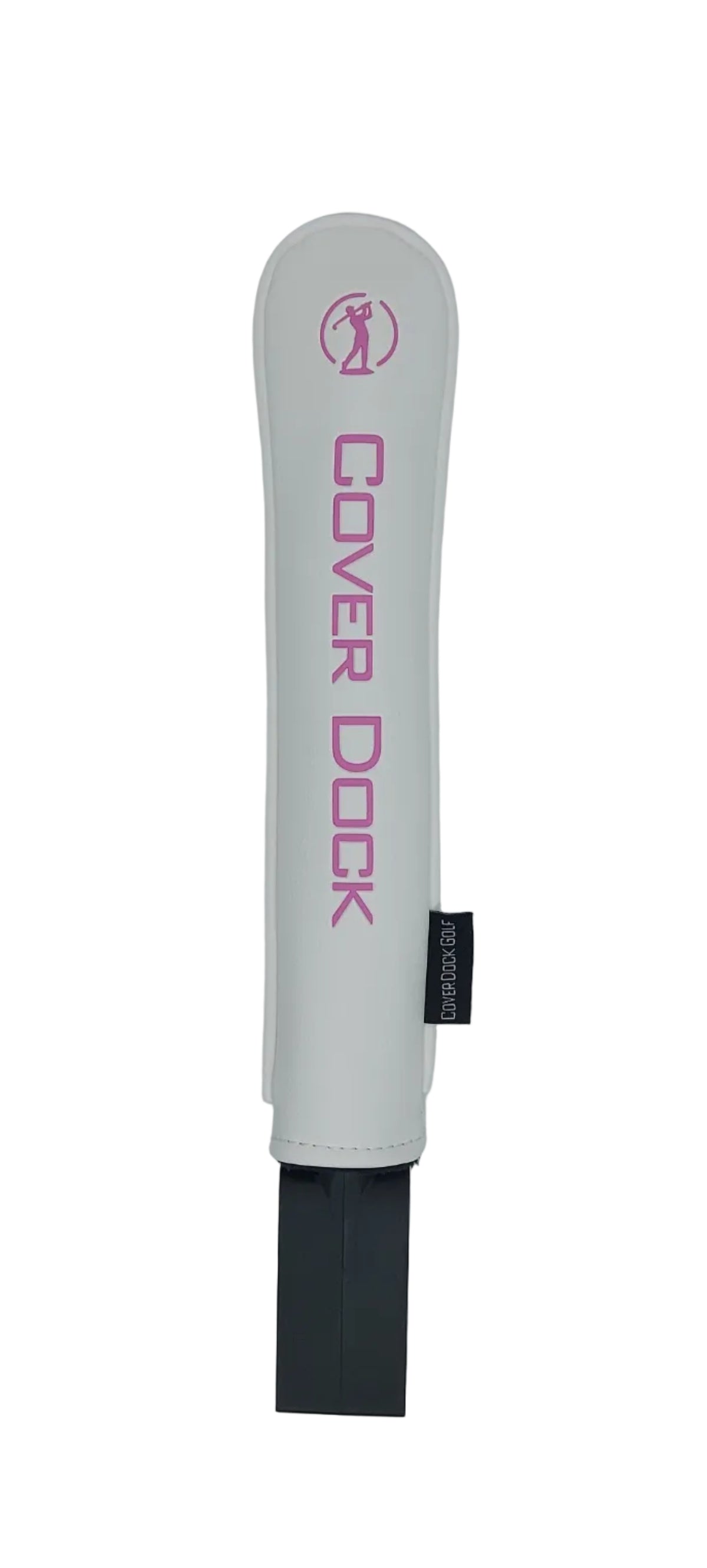 A white golf club cover with pink branding for 'COVER DOCK' and a pink logo, shown standing upright on a light gray background. 'COVER DOCK' text and logo, fitted over a black golf clamping jaw that sits inside the grid of your golf bag to hold your head covers on a light gray background.
