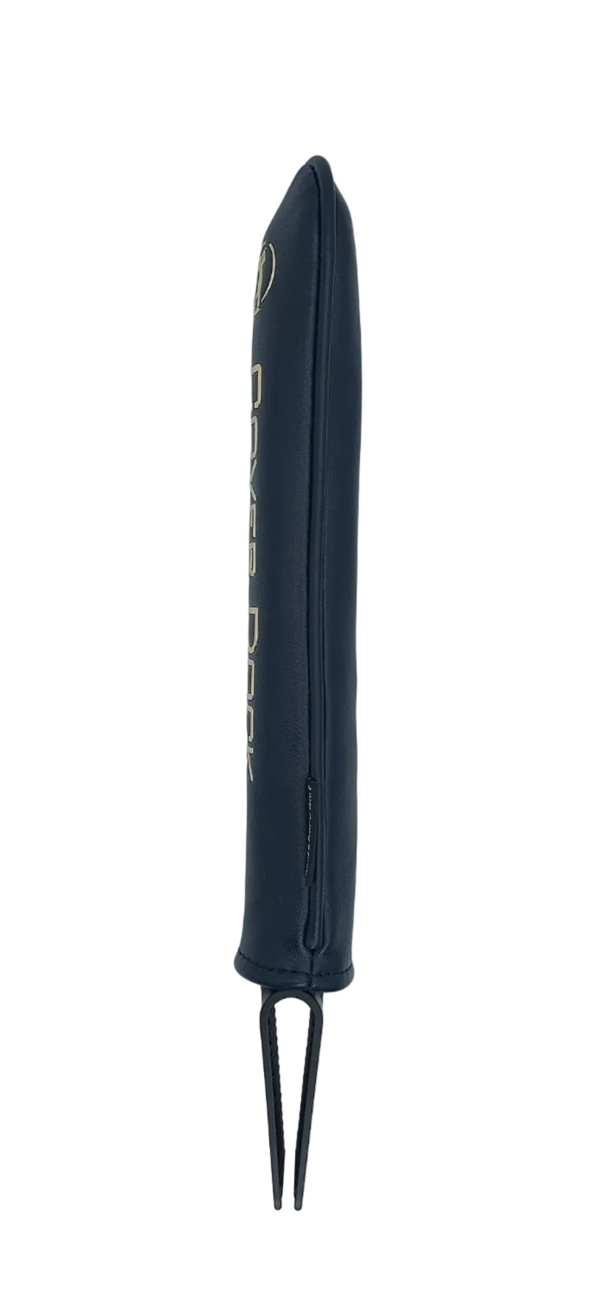 A dark navy blue golf club sleeve with gold lettering that reads 'COVER DOCK' text and logo, fitted over a black golf clamping jaw that sits inside the grid of your golf bag to hold your head covers on a light gray background.
