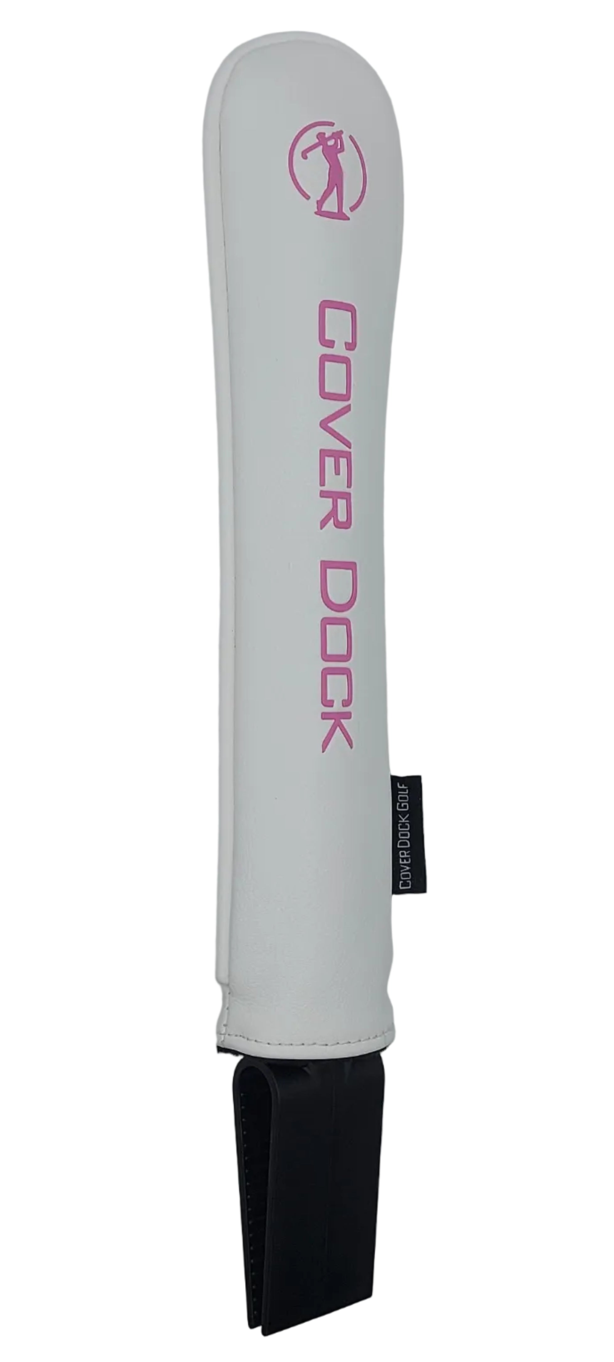A white Cover Dock paddle sleeve with pink branding. a golf bag accessory, featuring white vertical text that reads 'COVER DOCK' and a small circular logo near the top, shown against a light gray background. intended to insert in golf bag to hold and organize golf head covers