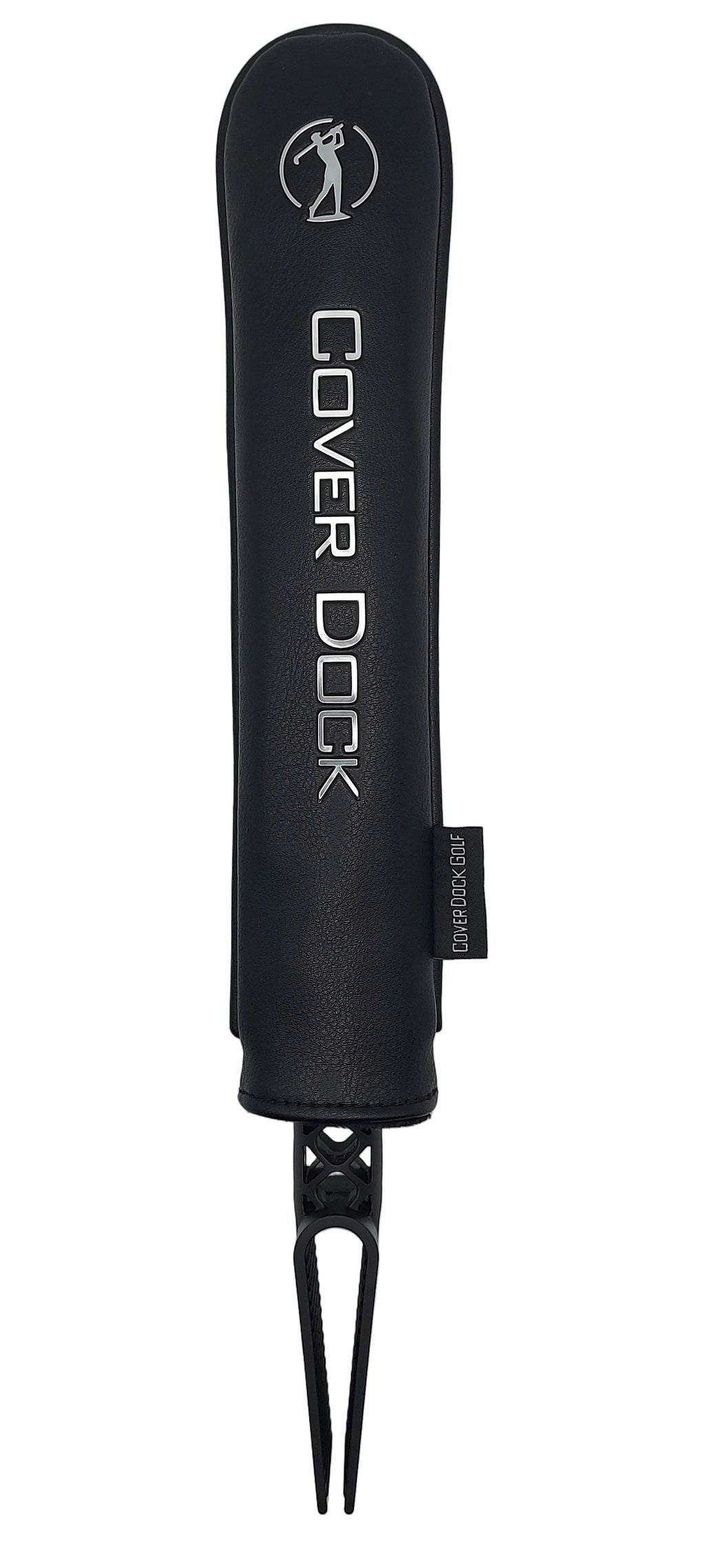 A black leather golf cover sleeve with grey printed branding for 'COVER DOCK' and a small black fabric tag, shown with a black metal golf club head visible at the bottom against a light gray background.