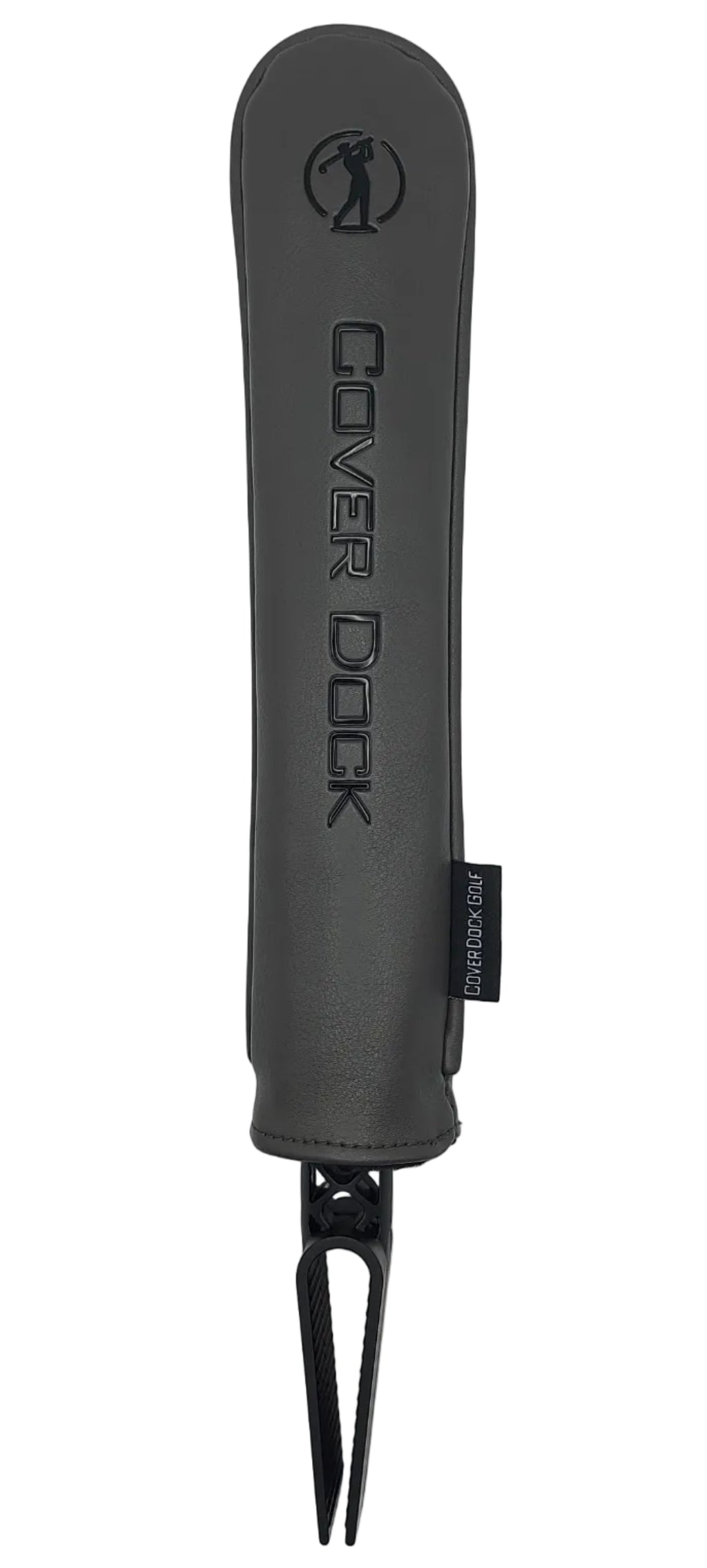 A dark gray leather golf club cover holder with 'COVER DOCK' and a decal printed on it, shown with a black clamping mechanism to sit on golf bag divider on a light gray background.