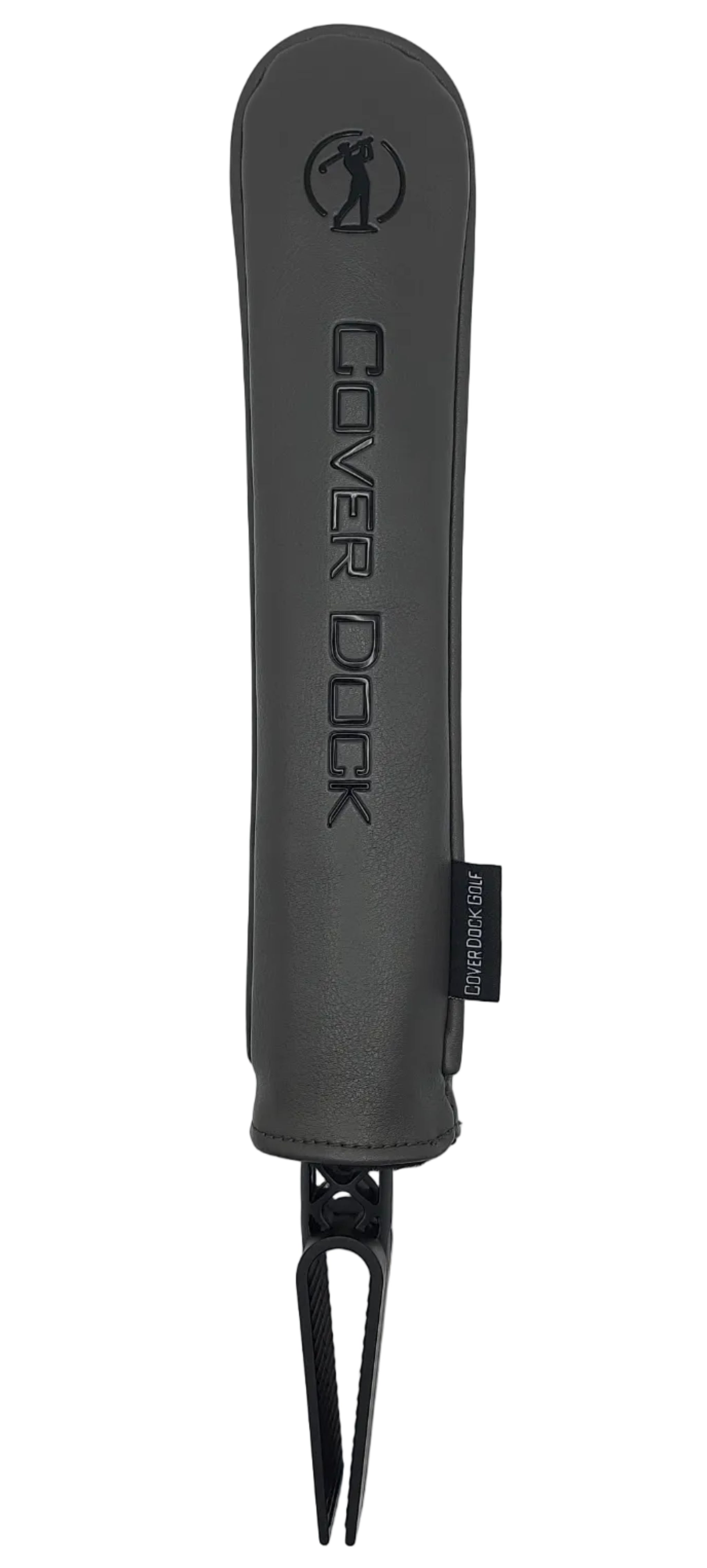 A dark gray leather golf club cover holder with 'COVER DOCK' and a decal printed on it, shown with a black clamping mechanism to sit on golf bag divider on a light gray background.