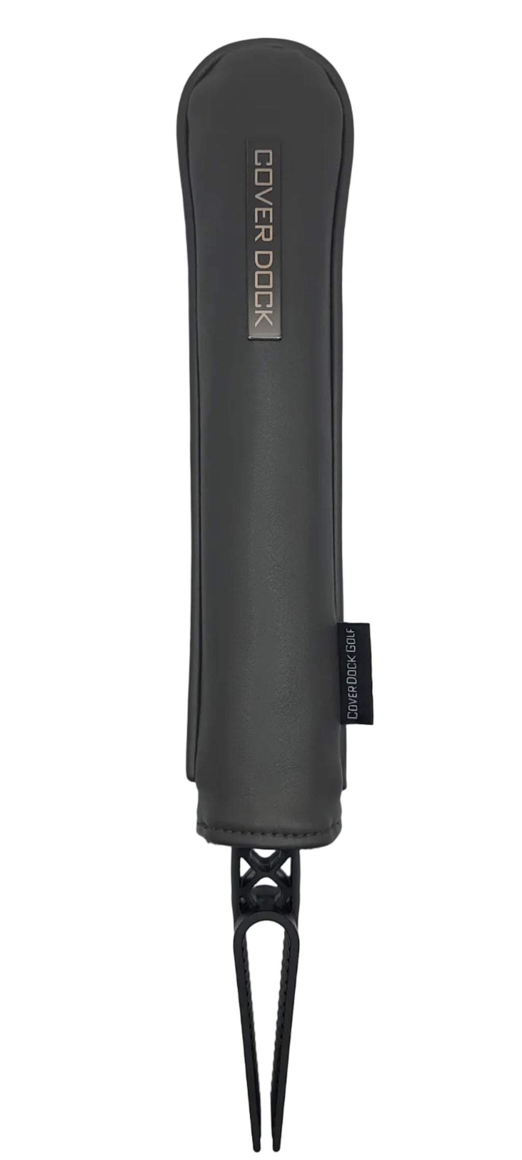 A black protective sleeve, featuring the 'COVER DOCK' brand name on the sleeve and a small black tag on the sleeve's edge, shown against a light gray background.