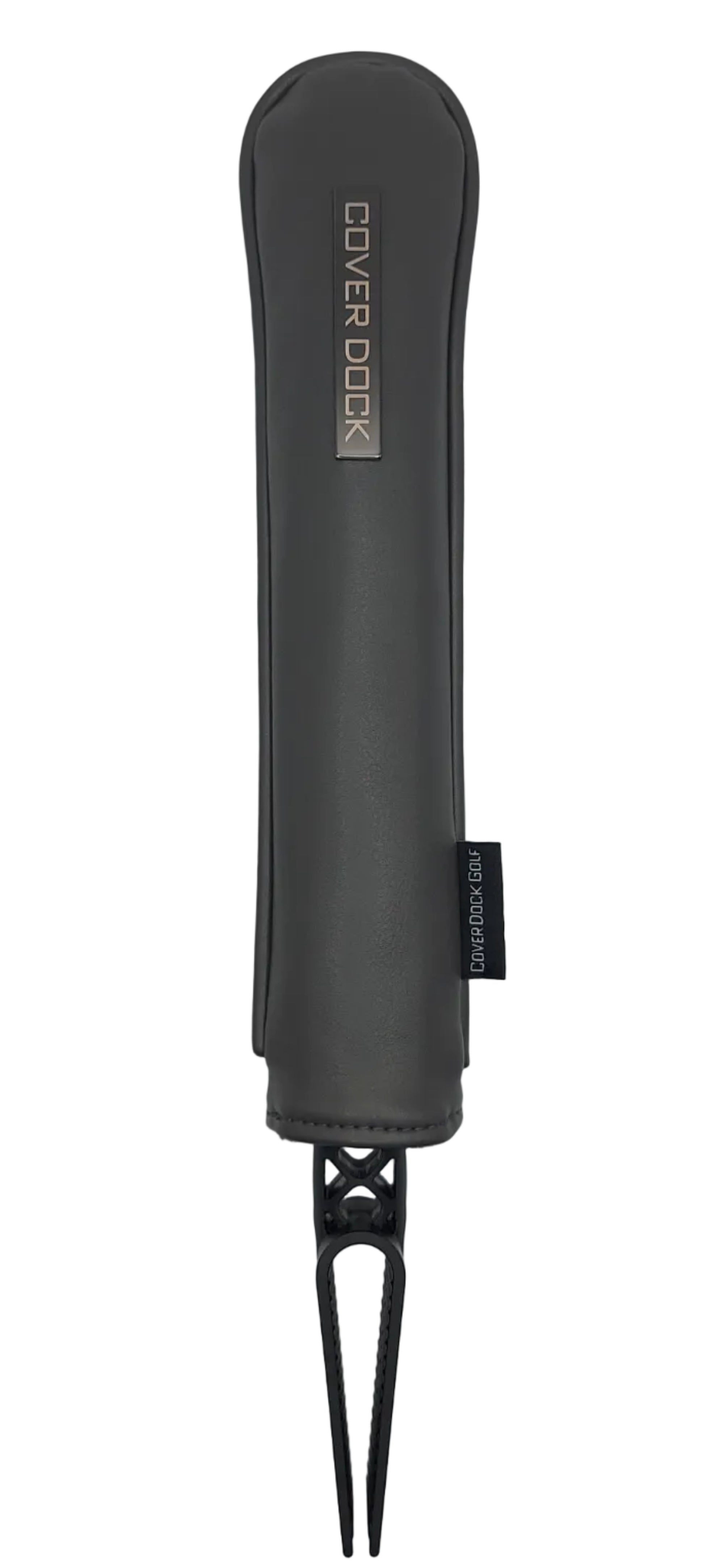 A black protective sleeve, featuring the 'COVER DOCK' brand name on the sleeve and a small black tag on the sleeve's edge, shown against a light gray background.