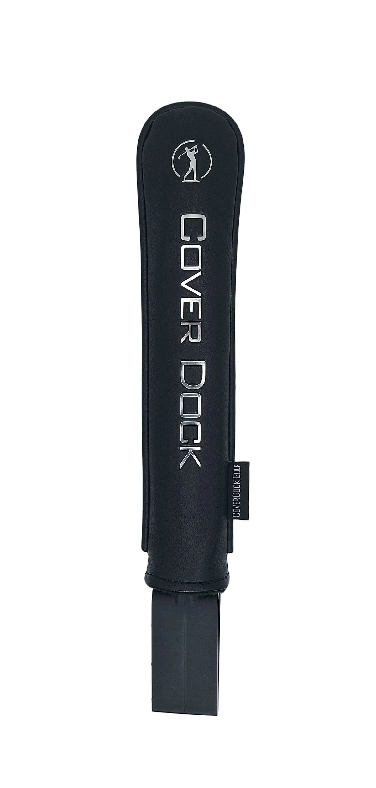 A black Cover Dock golf club headcover sleeve with white branding text and logo, shown vertically on a light gray background.