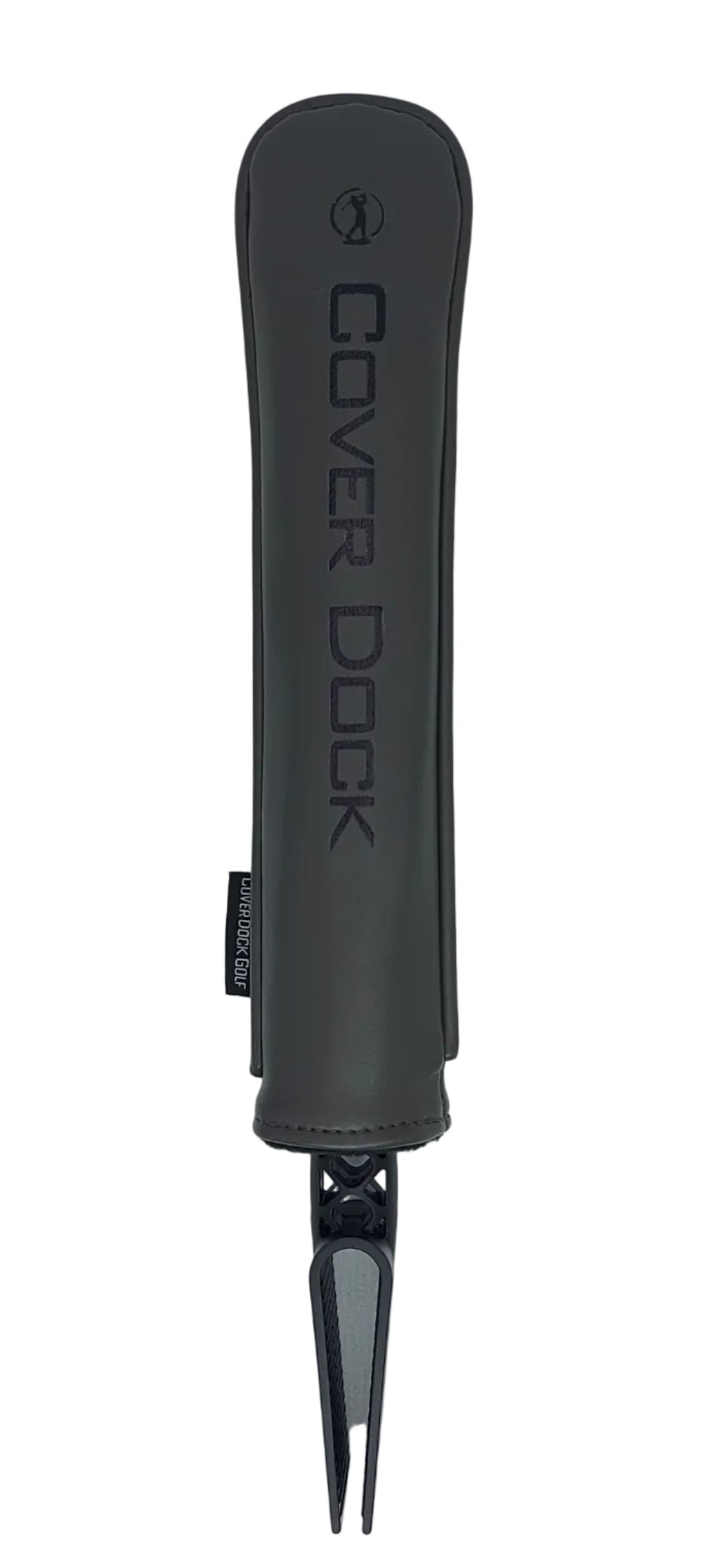 A dark gray Cover Dock head cover holder for golf bag with a matching protective sleeve, featuring a leather sleeve and custom hot foil embossing