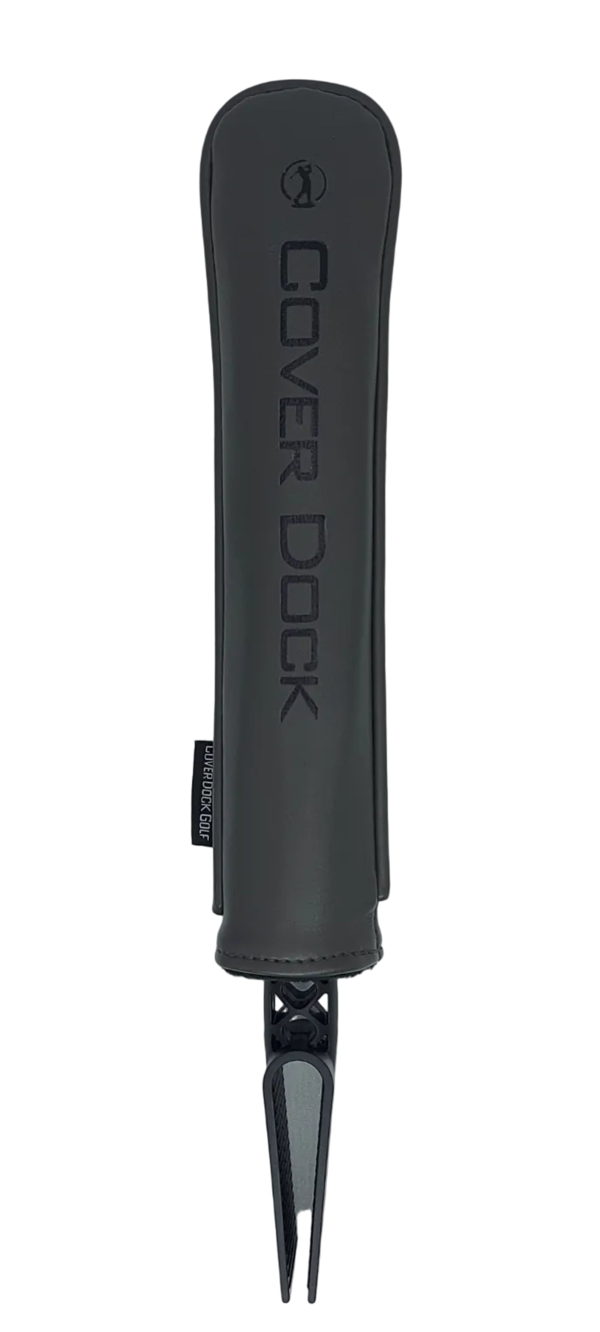 A dark gray Cover Dock head cover holder for golf bag with a matching protective sleeve, featuring a leather sleeve and custom hot foil embossing