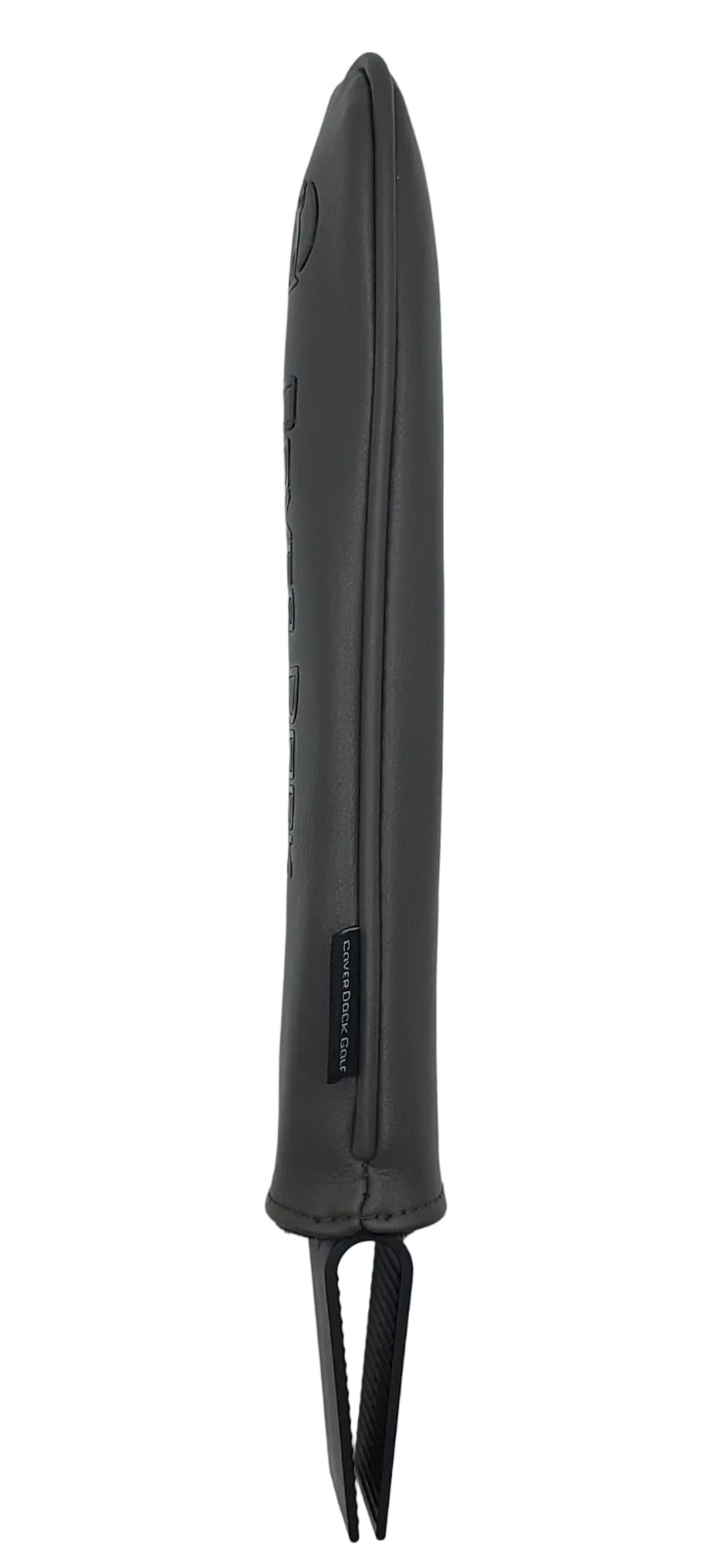 A dark gray leather sleeve or cover with a black plastic clip-like attachment at the bottom, photographed vertically against a plain white background.