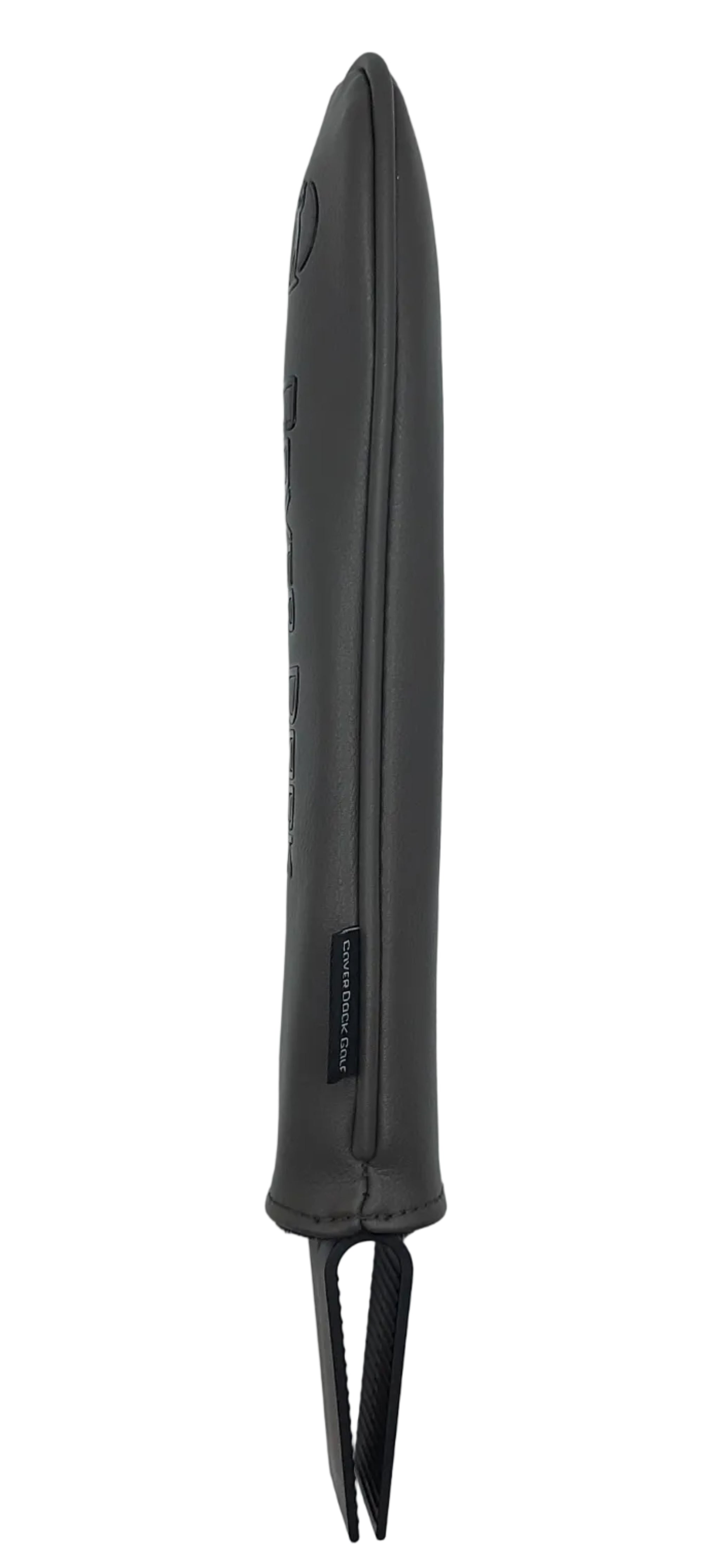 A dark gray leather sleeve or cover with a black plastic clip-like attachment at the bottom, photographed vertically against a plain white background.