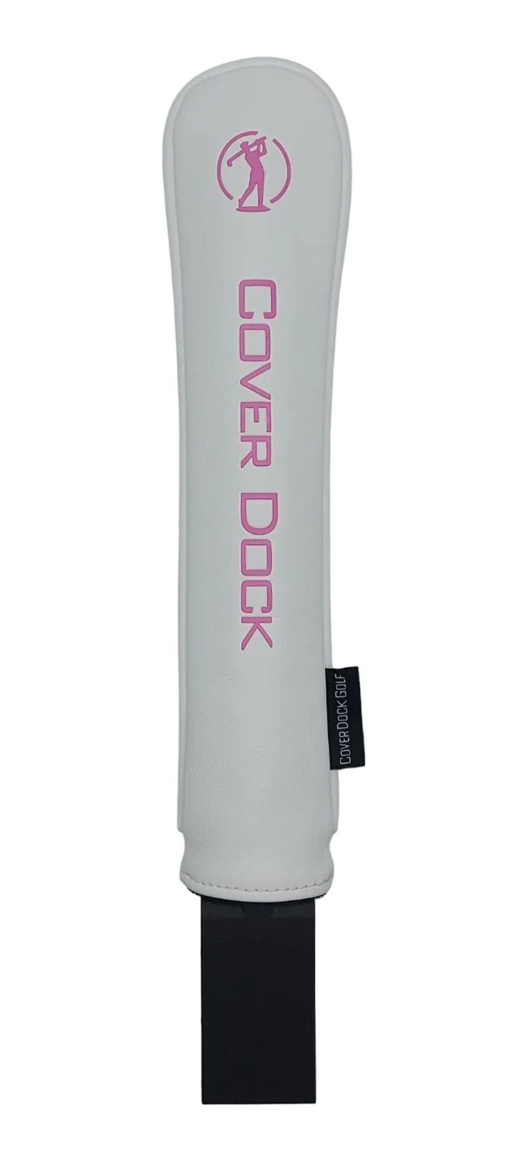 A white golf club headcover sleeve with pink 'COVER DOCK' branding and a pink logo, shown horizontally on a light gray background with a black strap at the end.