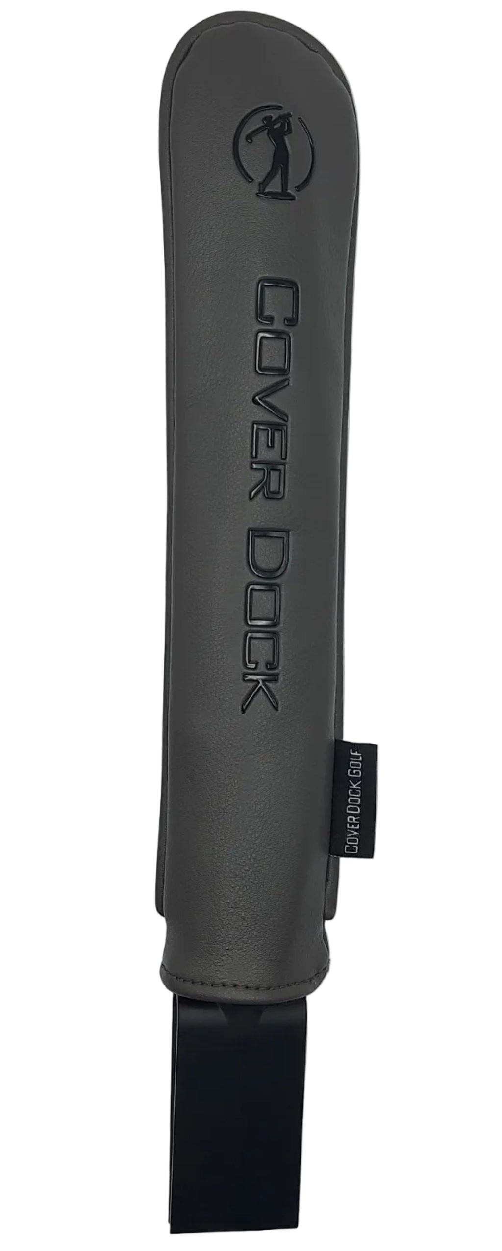 A dark gray leather golf club cover with the brand name 'COVER DOCK' and logo embossed vertically, shown on a plain white background.