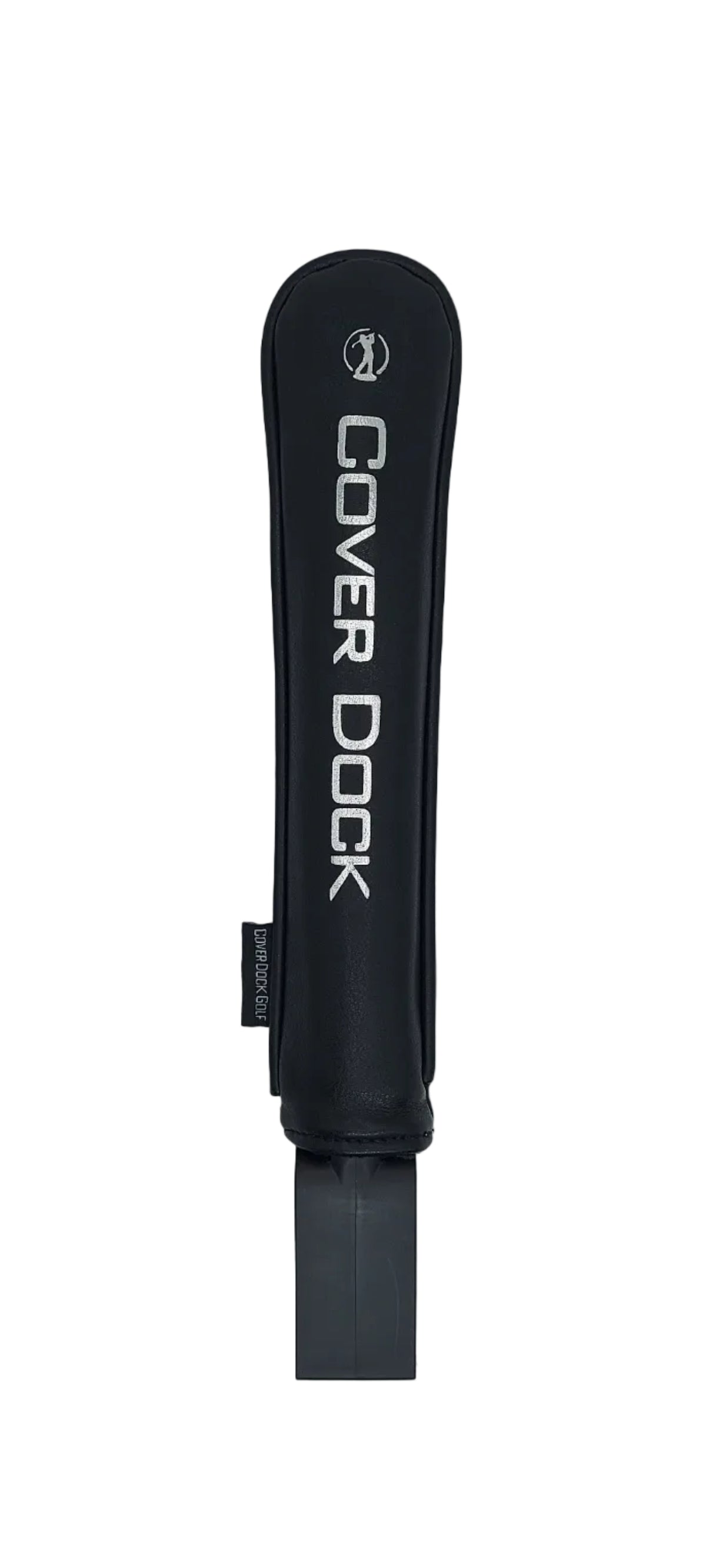 a black leather sleeve that goes overtop of a golf bag grid to secure head covers. black logo and a clamping device to secure onto a golf bag