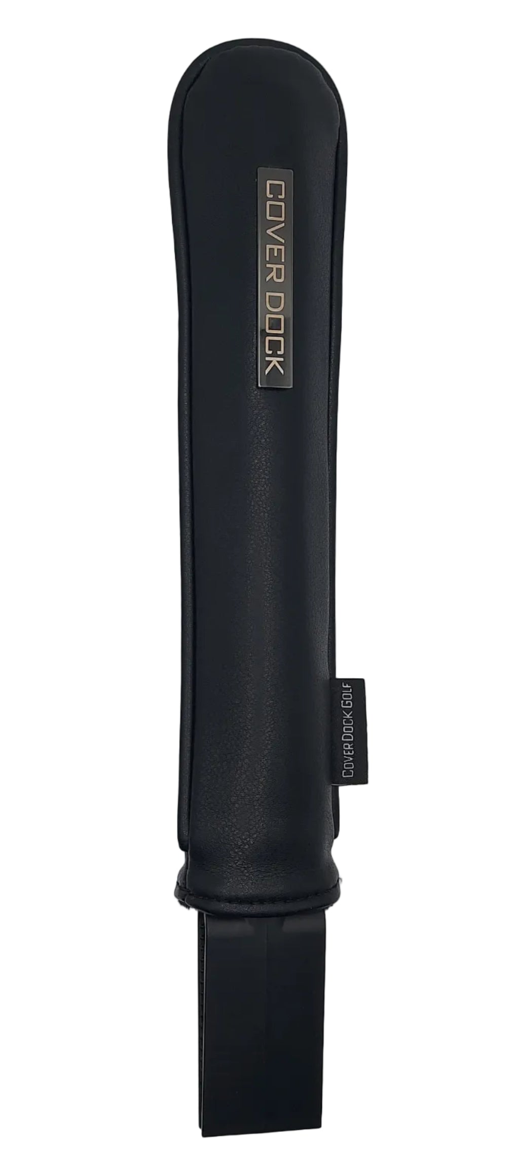 A black protective dock sleeve with a silver metallic 'COVER DOCK' logo plaque on the left side and a black elastic strap extending from the right. The product is photographed horizontally on a plain light gray background.