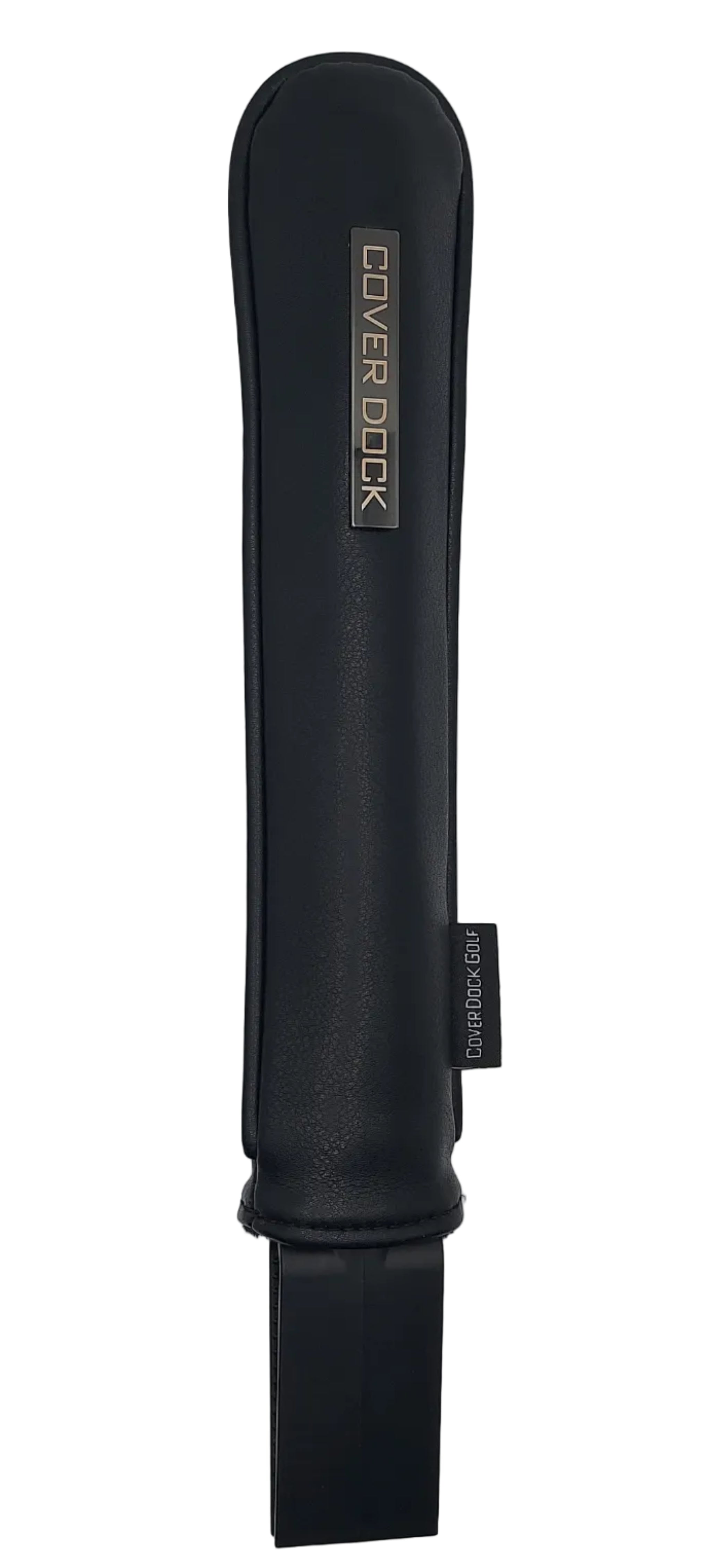 A black protective dock sleeve with a silver metallic 'COVER DOCK' logo plaque on the left side and a black elastic strap extending from the right. The product is photographed horizontally on a plain light gray background.
