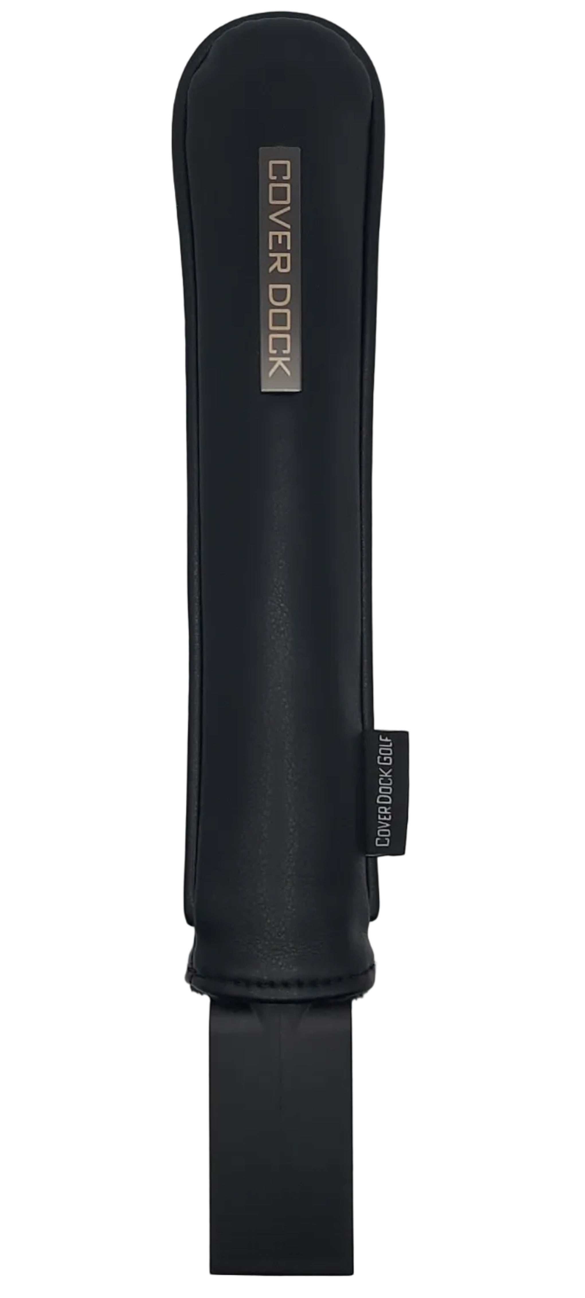 A black protective leather sleeve that organizes your golf club head cover by  Cover Dock, shown horizontally on a light gray background. The pouch features a metallic gold brand logo and a small black tag near the top right.