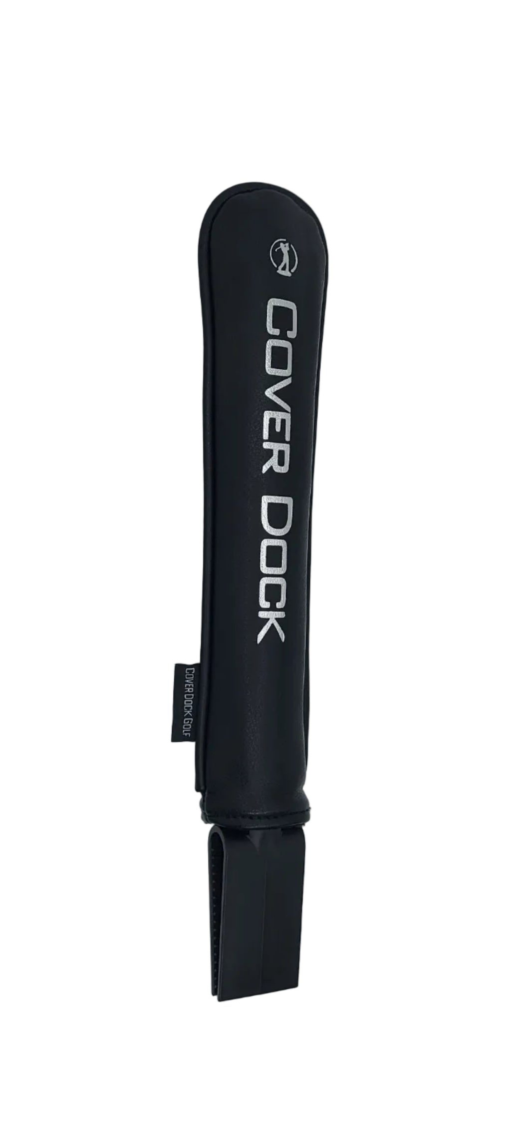 a black leather cleeve that goes overtop of a golf bag grid to secure head covers. black logo and a claping device to secure onto a golf bag