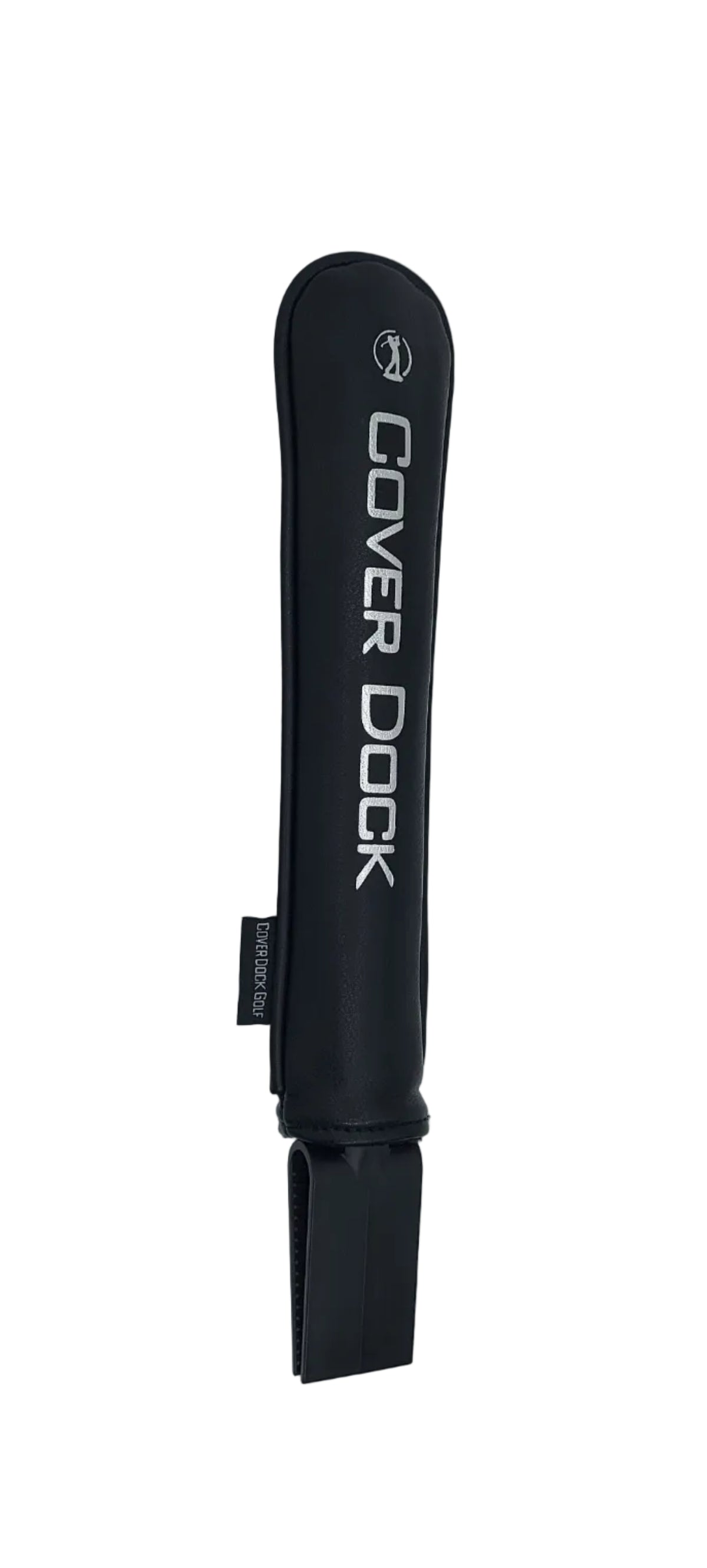 a black leather cleeve that goes overtop of a golf bag grid to secure head covers. black logo and a claping device to secure onto a golf bag